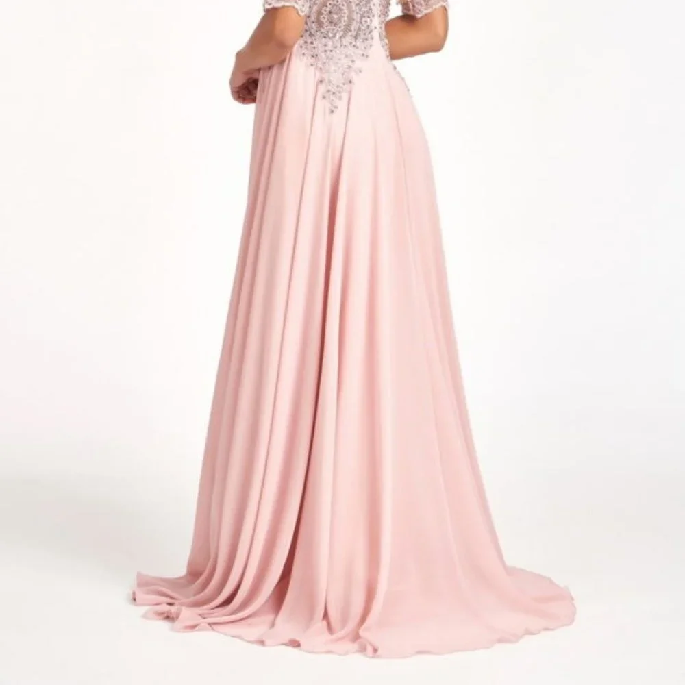 NEW LONG A-LINE CHIFFON EMBROIDERED DRESS WITH ZIPPER BACK & 3\4 SLEEVES GL1982_5